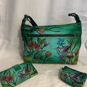 Anuschka Green Floral Shoulder Bag Set